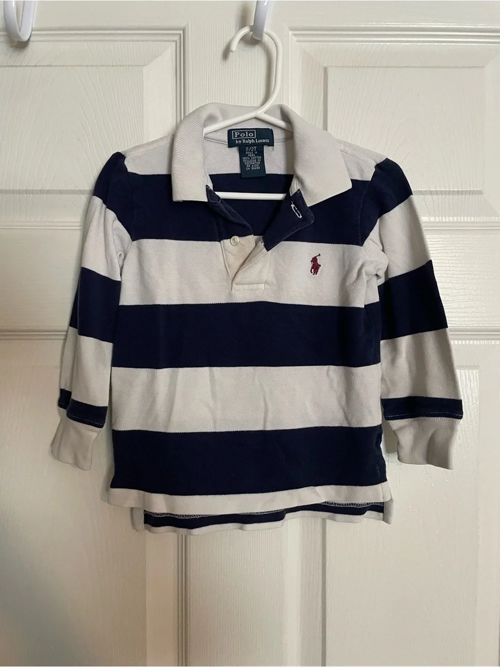 Polo by Ralph Lauren Boys' 2T Navy & White Striped Rugby Polo with Red Logo